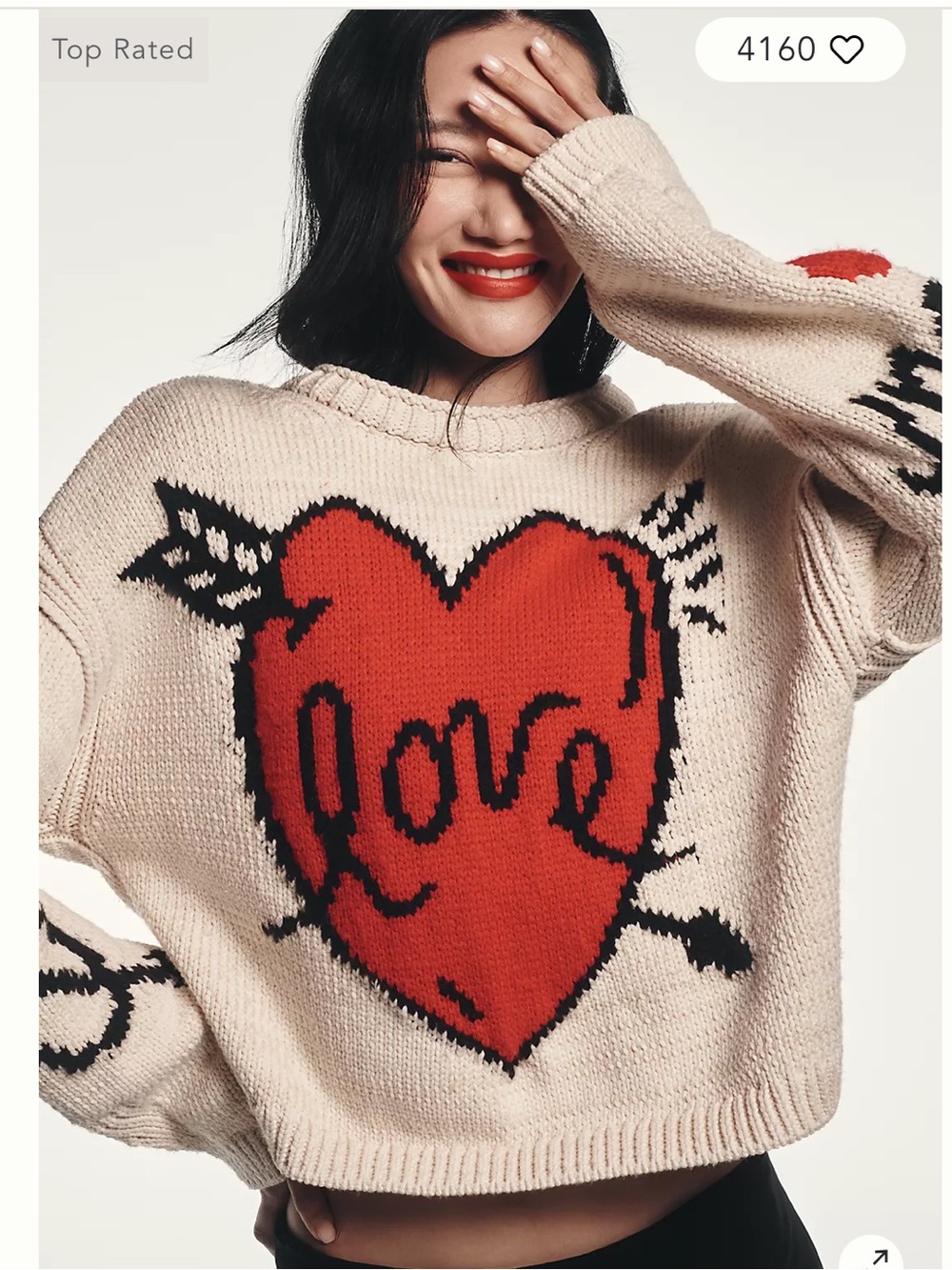 Maeve Cream Heart Love Struck Graphic Sweater Chunky Sweater Small